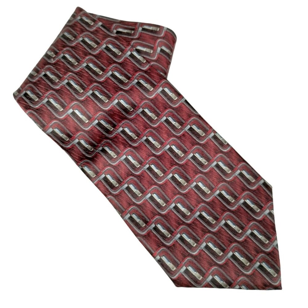 Zylos By George Machado Mens Red and Silver Geometric Pattern Vintage Silk Tie